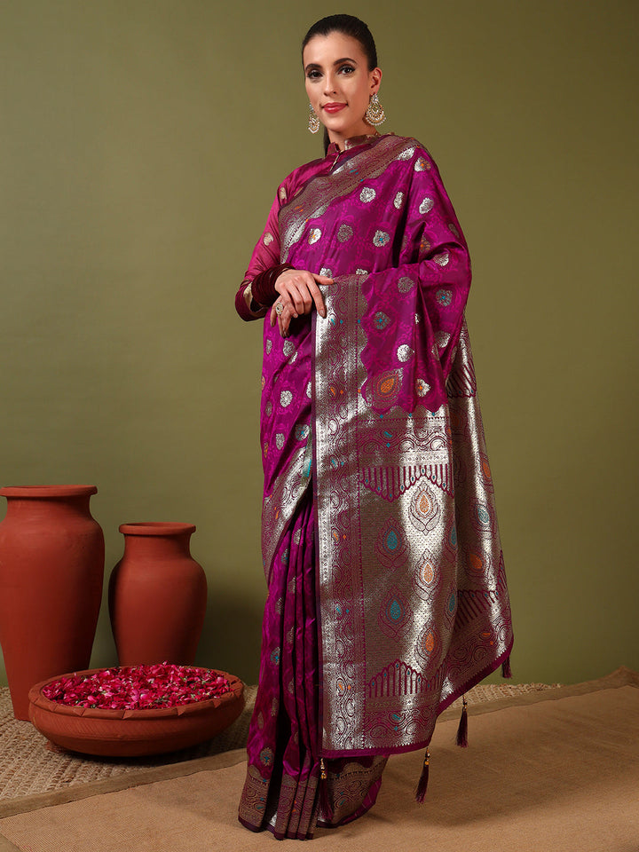 Ethnic Handloom Banarasi Brocade Silk Saree with Gold Zari Meenakari Paisley Weaving