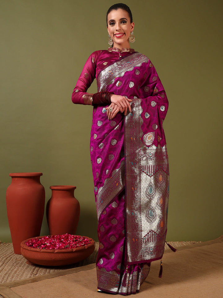 Ethnic Handloom Banarasi Brocade Silk Saree with Gold Zari Meenakari Paisley Weaving