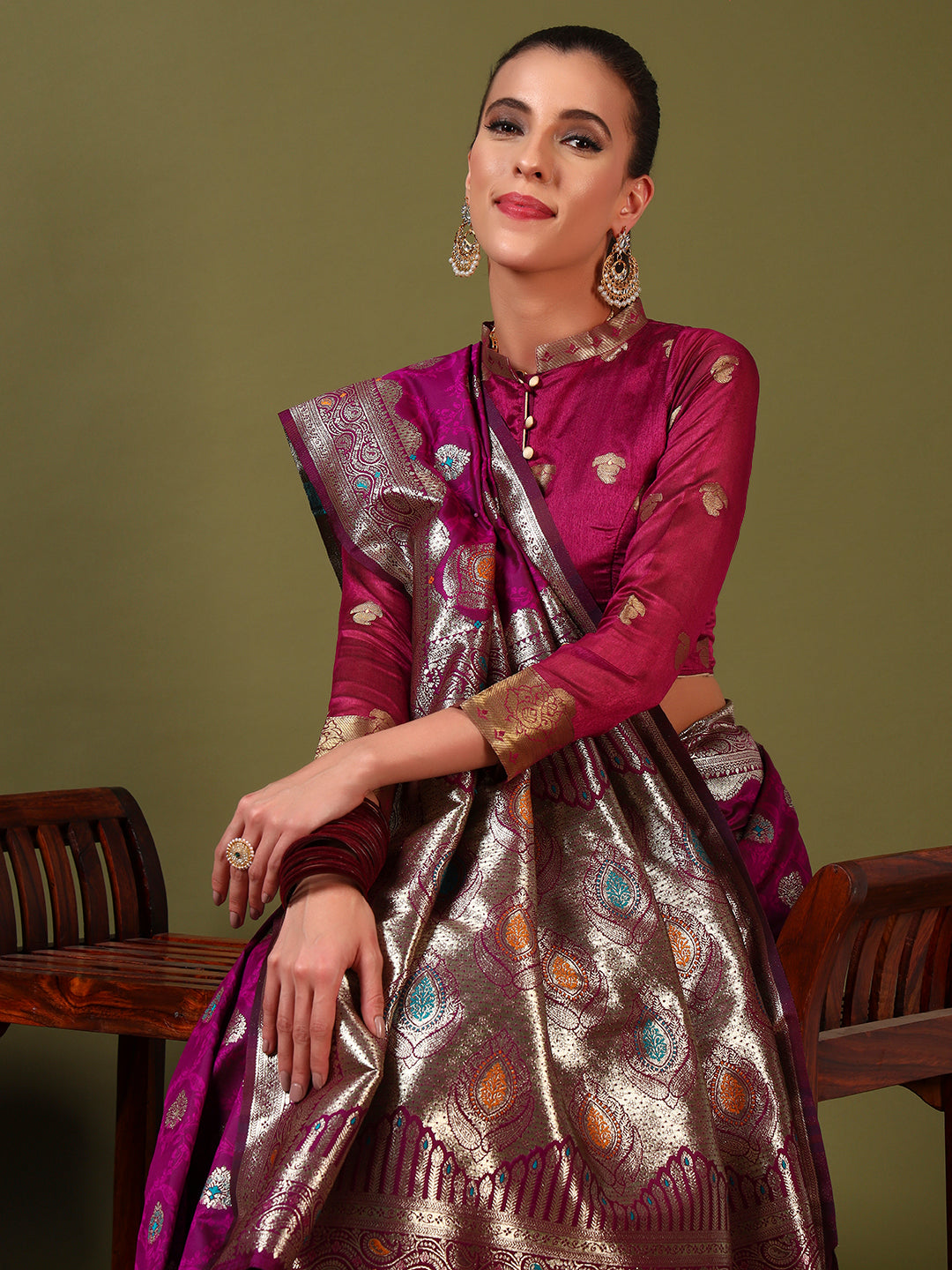 Ethnic Handloom Banarasi Brocade Silk Saree with Gold Zari Meenakari Paisley Weaving