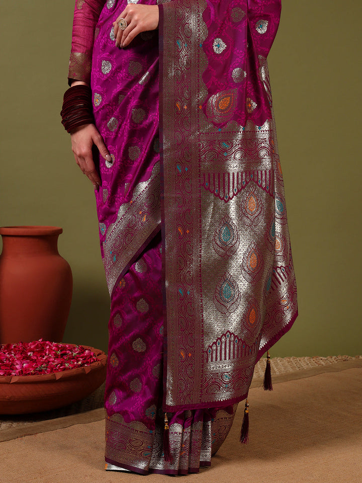 Ethnic Handloom Banarasi Brocade Silk Saree with Gold Zari Meenakari Paisley Weaving