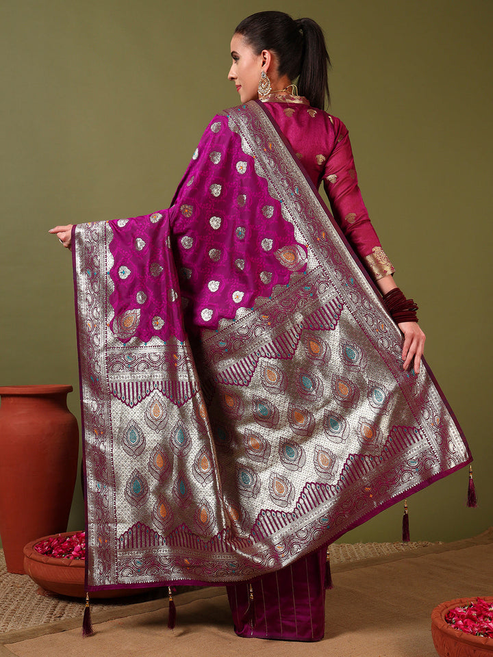 Ethnic Handloom Banarasi Brocade Silk Saree with Gold Zari Meenakari Paisley Weaving