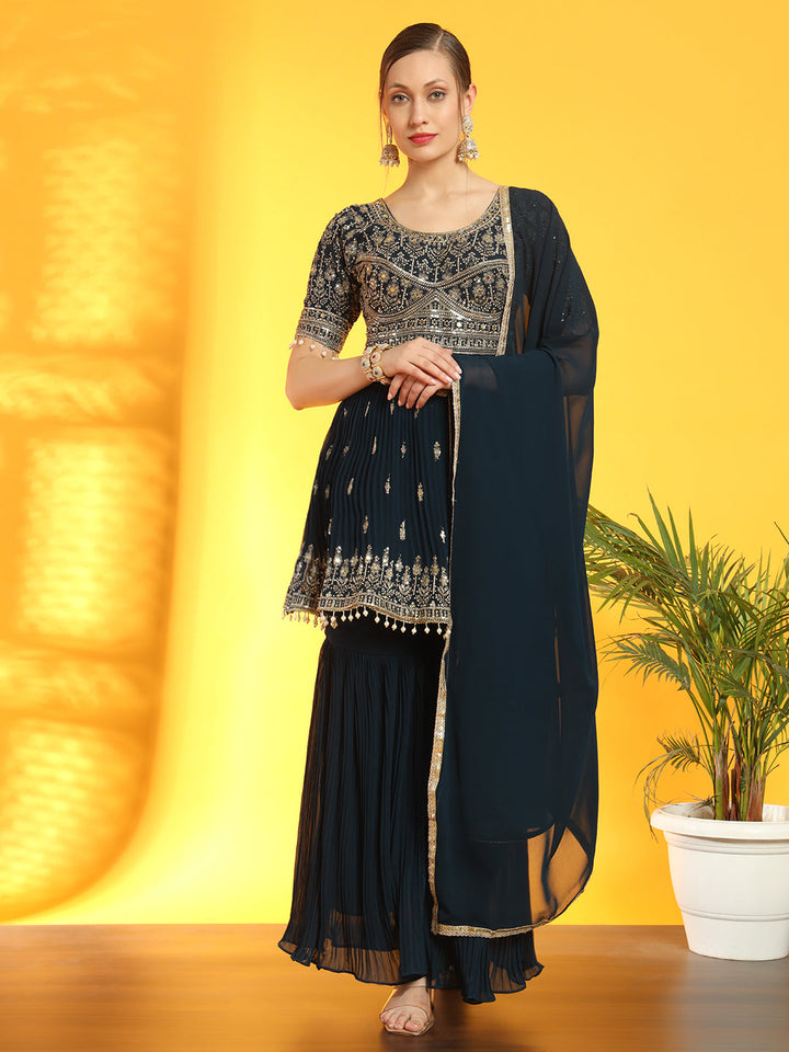 Heeramandi Inspired Festive Georgette Set with Choli Cut Peplum Kurta & Pleated Sharara