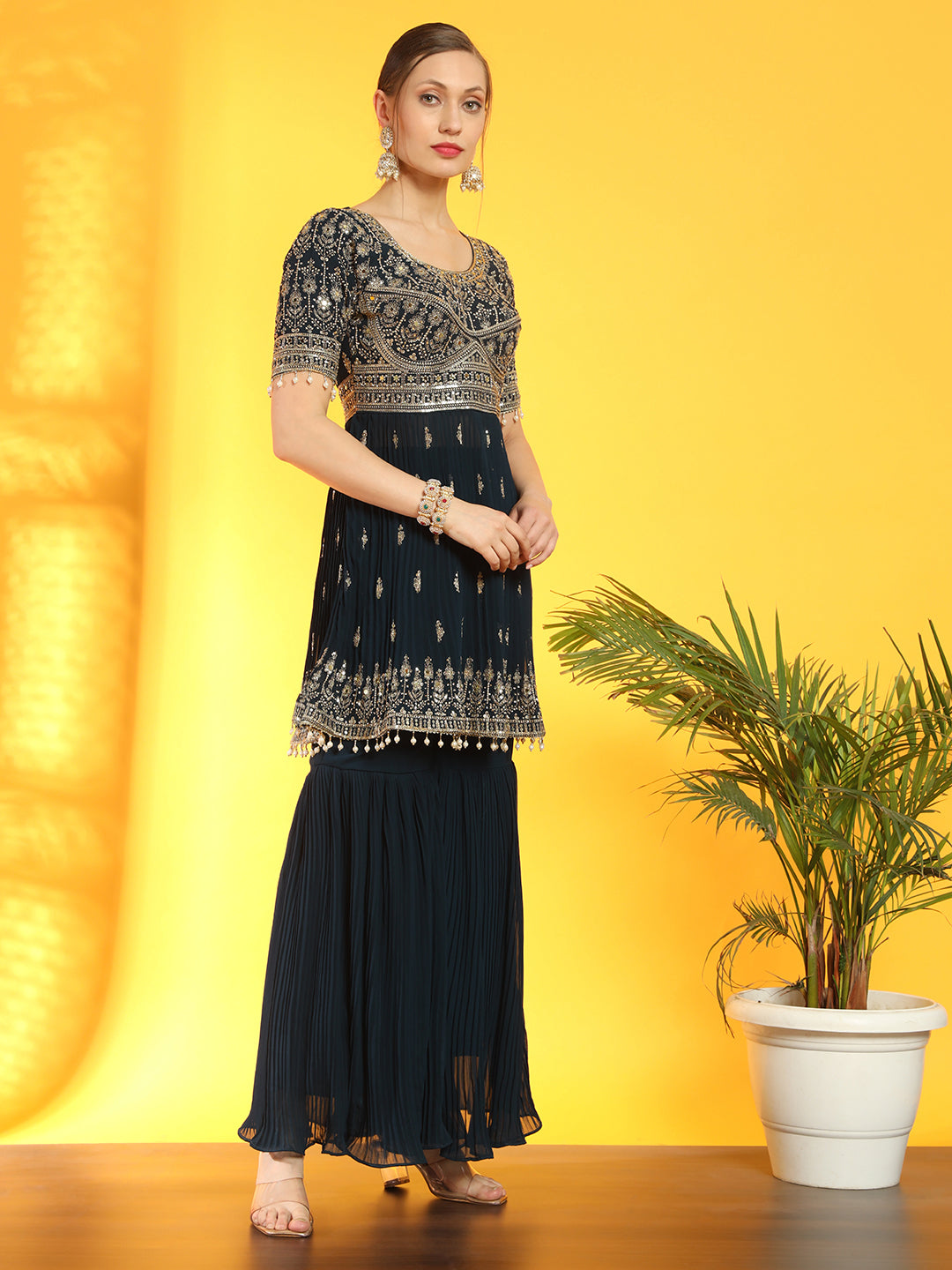Heeramandi Inspired Festive Georgette Set with Choli Cut Peplum Kurta & Pleated Sharara