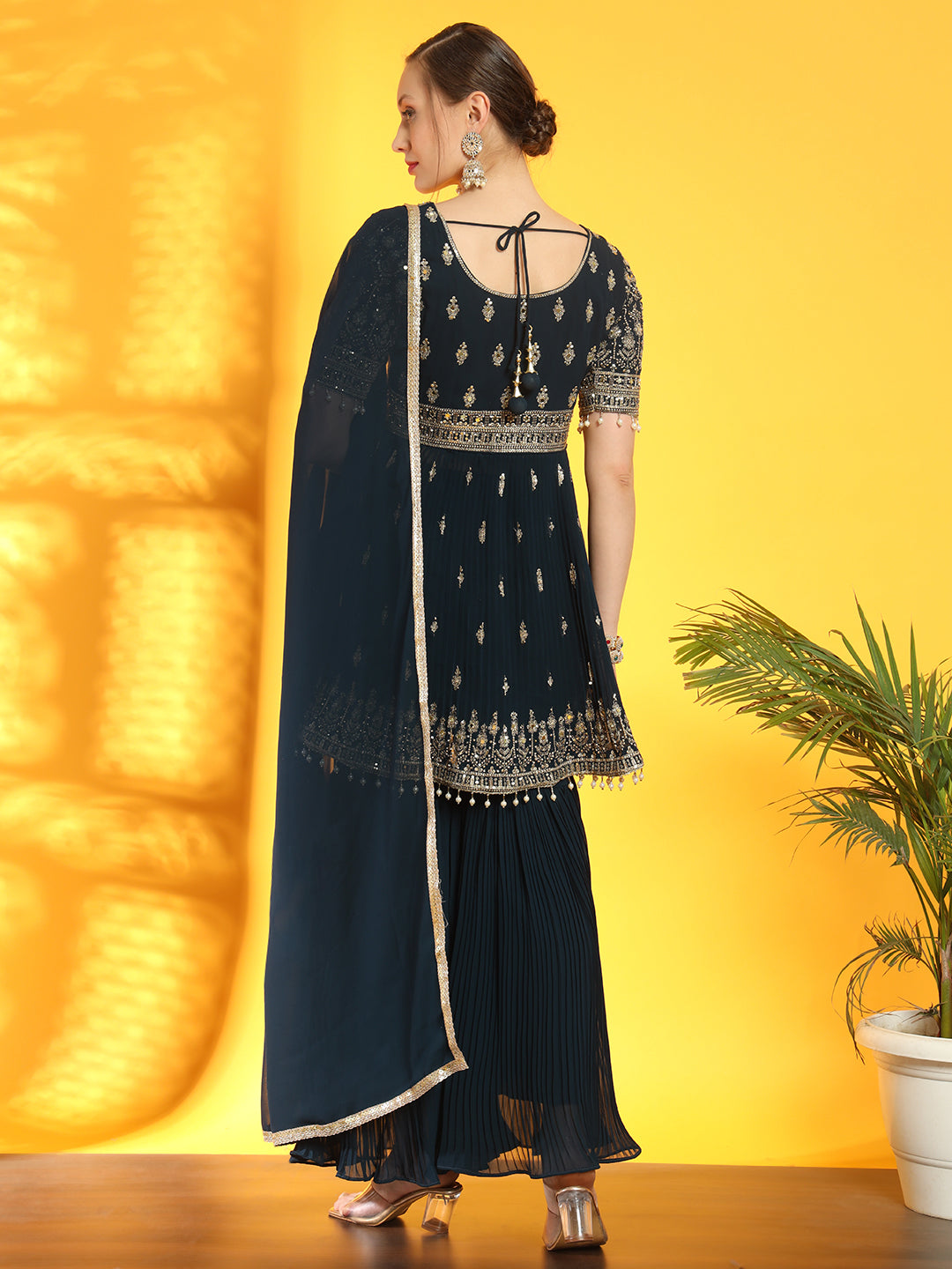 Heeramandi Inspired Festive Georgette Set with Choli Cut Peplum Kurta & Pleated Sharara