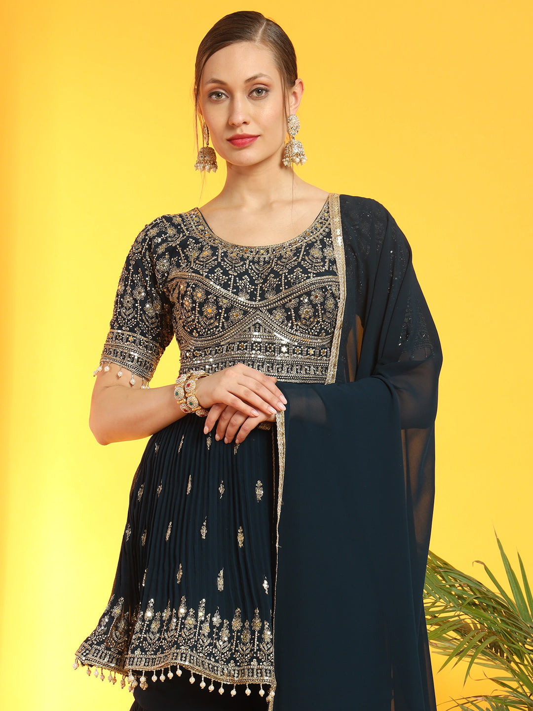 Heeramandi Inspired Festive Georgette Set with Choli Cut Peplum Kurta & Pleated Sharara