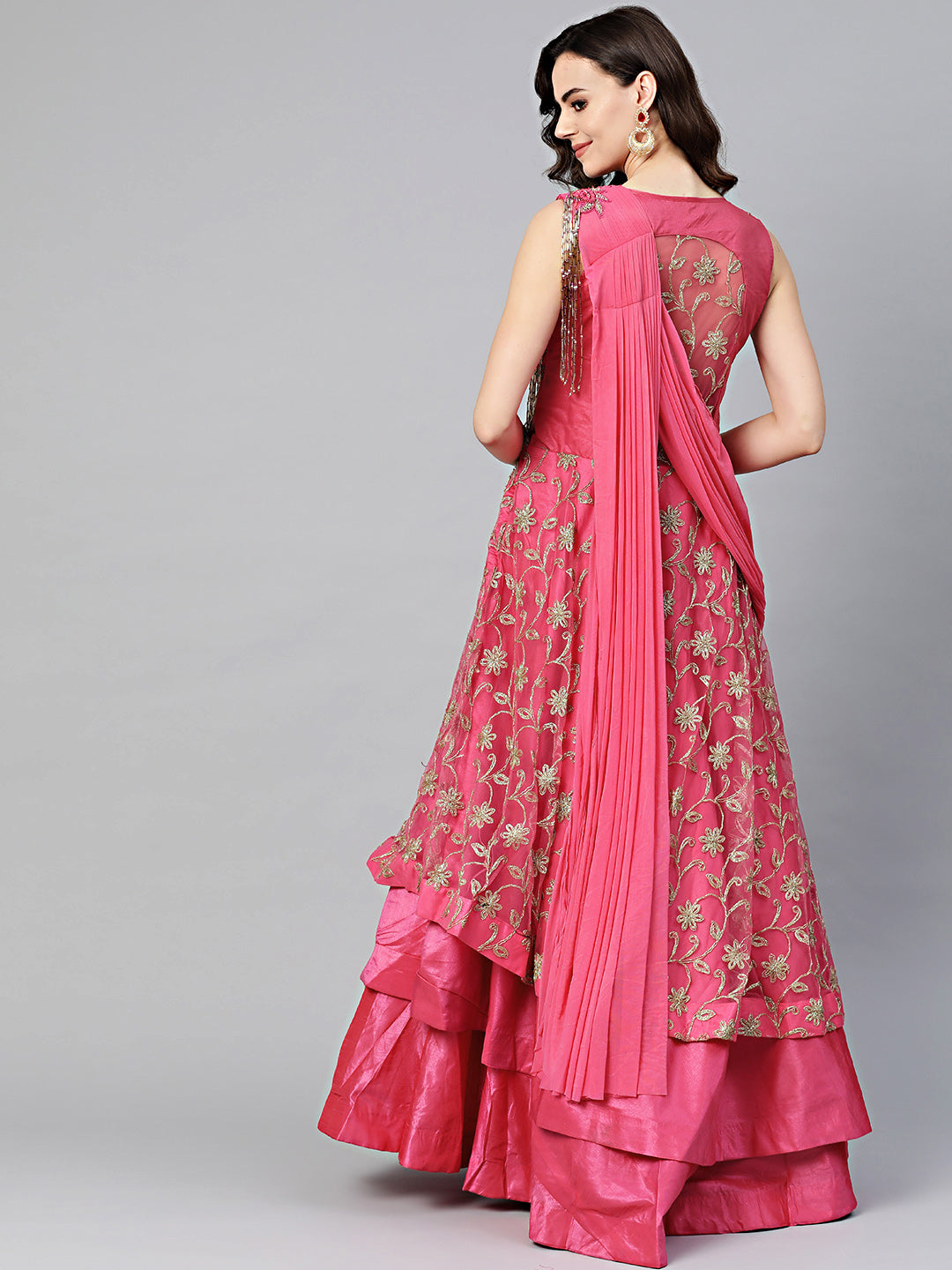 Layered Cocktail Gown with Attached Ruffled Dupatta