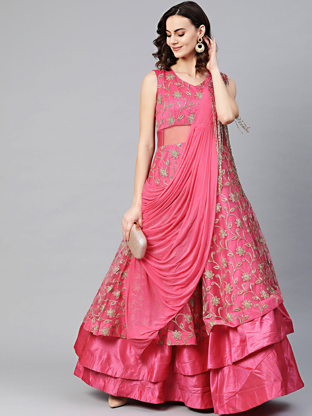 Layered Cocktail Gown with Attached Ruffled Dupatta
