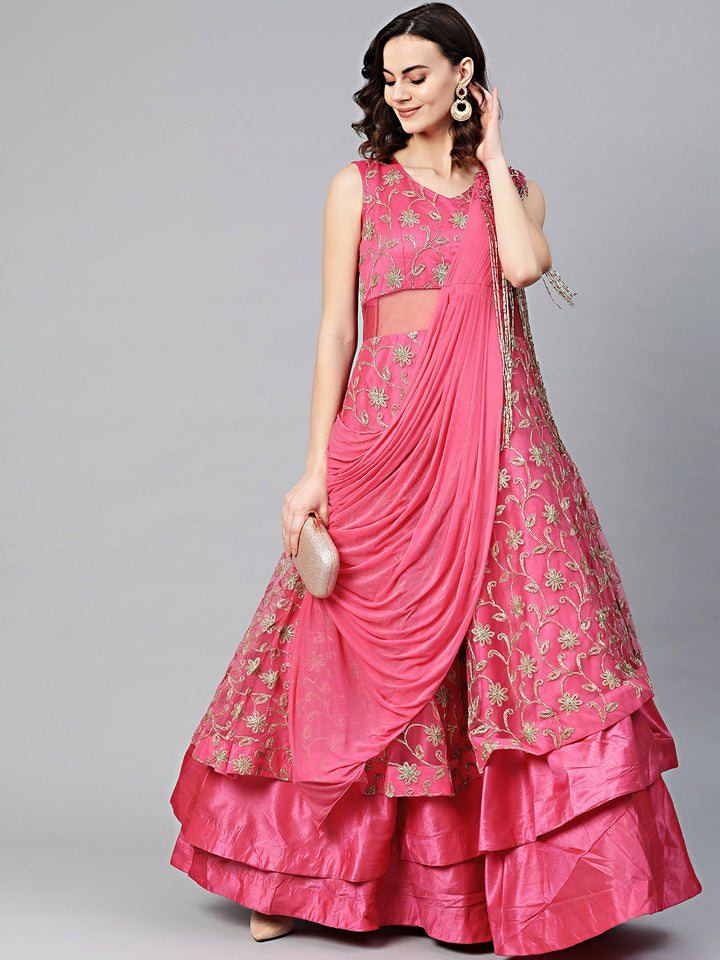 Layered Cocktail Gown with Attached Ruffled Dupatta