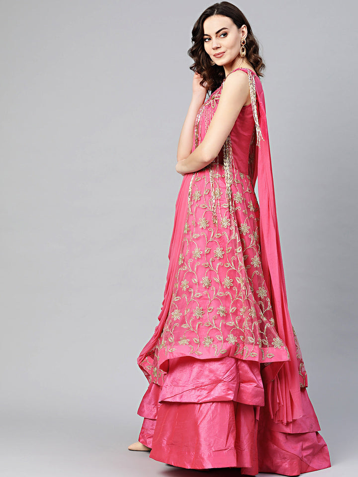 Layered Cocktail Gown with Attached Ruffled Dupatta