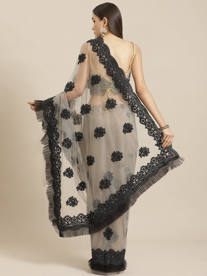 Grey Net Frills & Pleats Saree with Black Contrast Resham Embroidery
