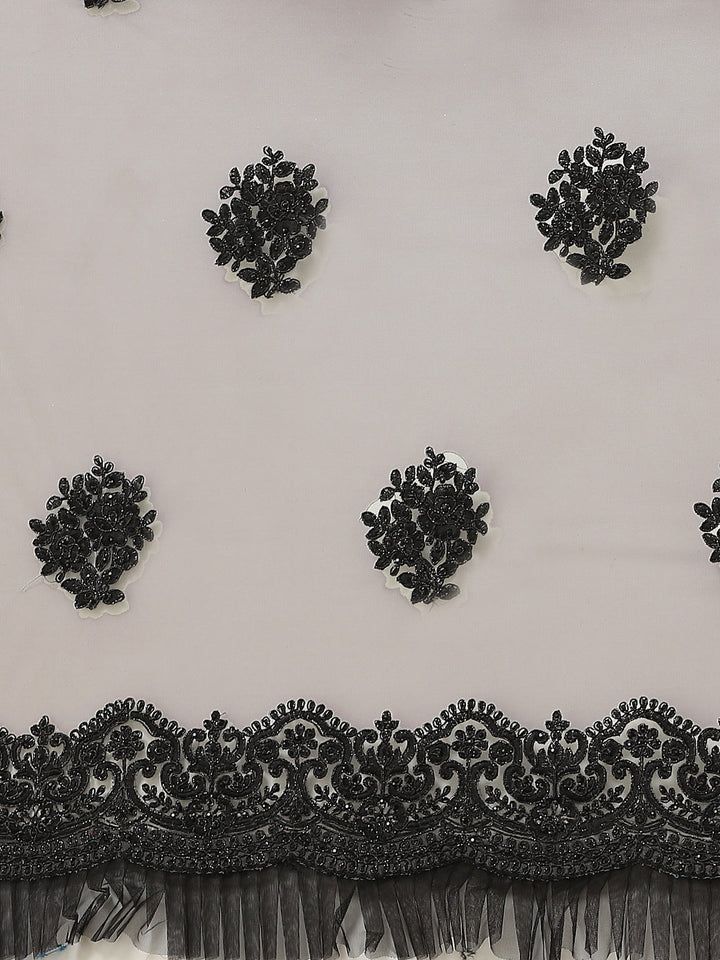 Grey Net Frills & Pleats Saree with Black Contrast Resham Embroidery