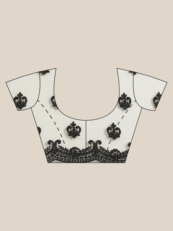Grey Net Frills & Pleats Saree with Black Contrast Resham Embroidery