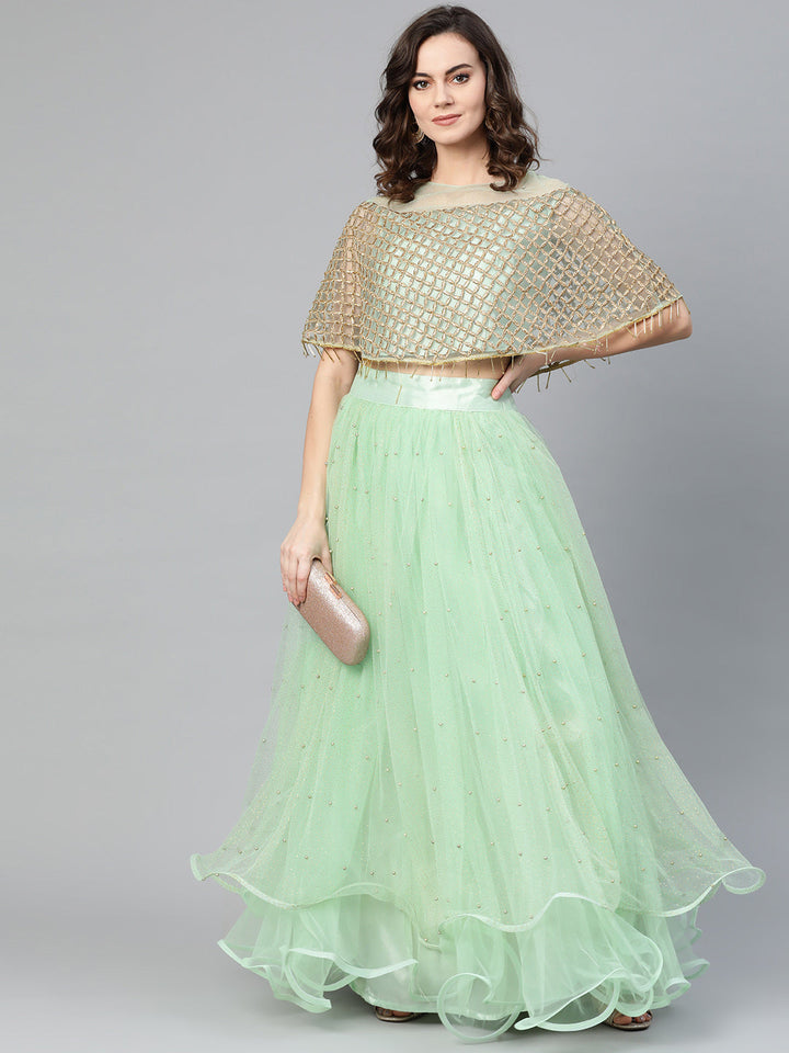 Cape Style Tassled Crop Top Blouse and foil print layered lehenga