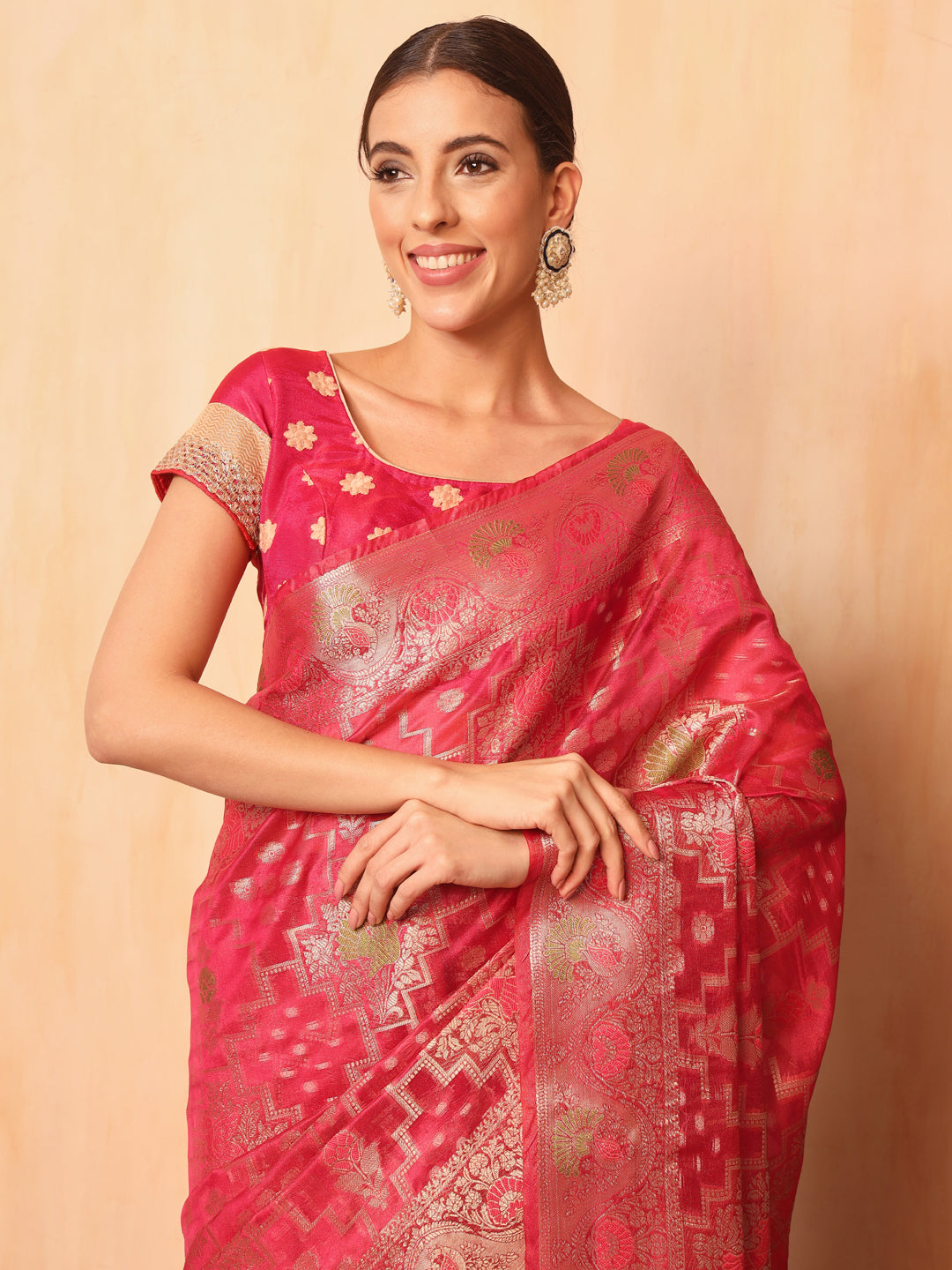 Magenta Resham Meenakari Traditional Chanderi Silk Saree