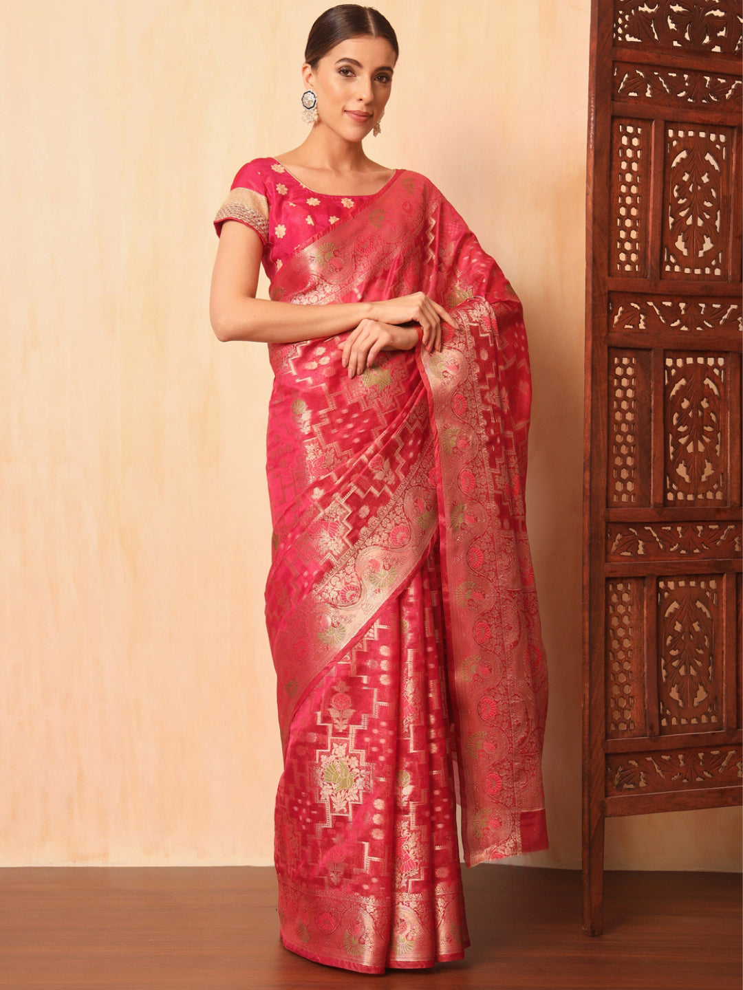 Magenta Resham Meenakari Traditional Chanderi Silk Saree