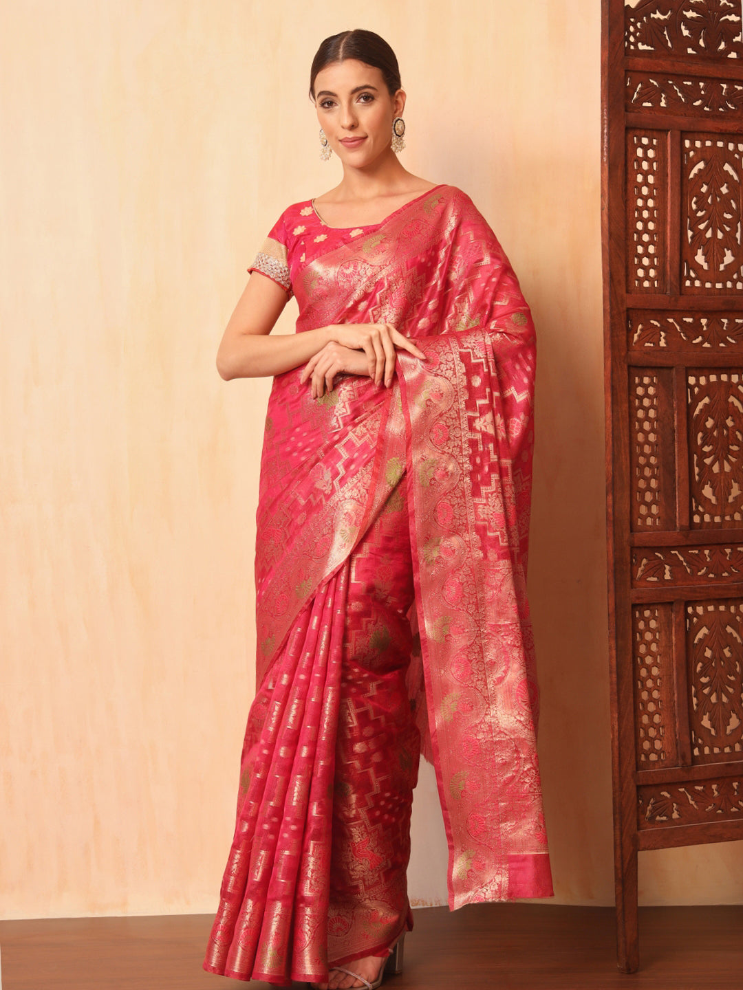 Magenta Resham Meenakari Traditional Chanderi Silk Saree
