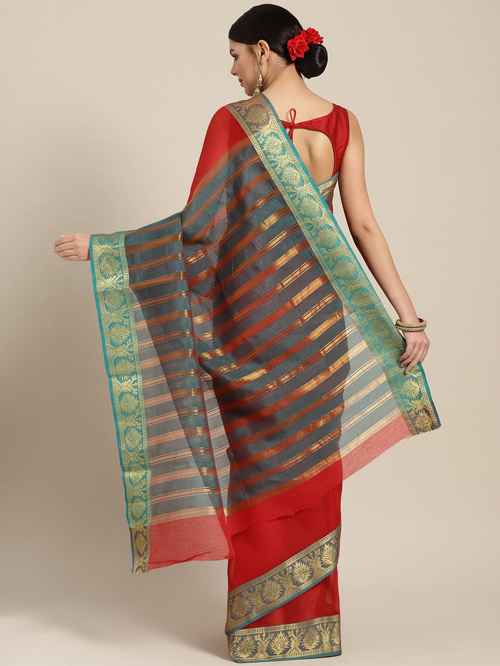 Red Chanderi Silk Saree with Contrast Zari Woven Border