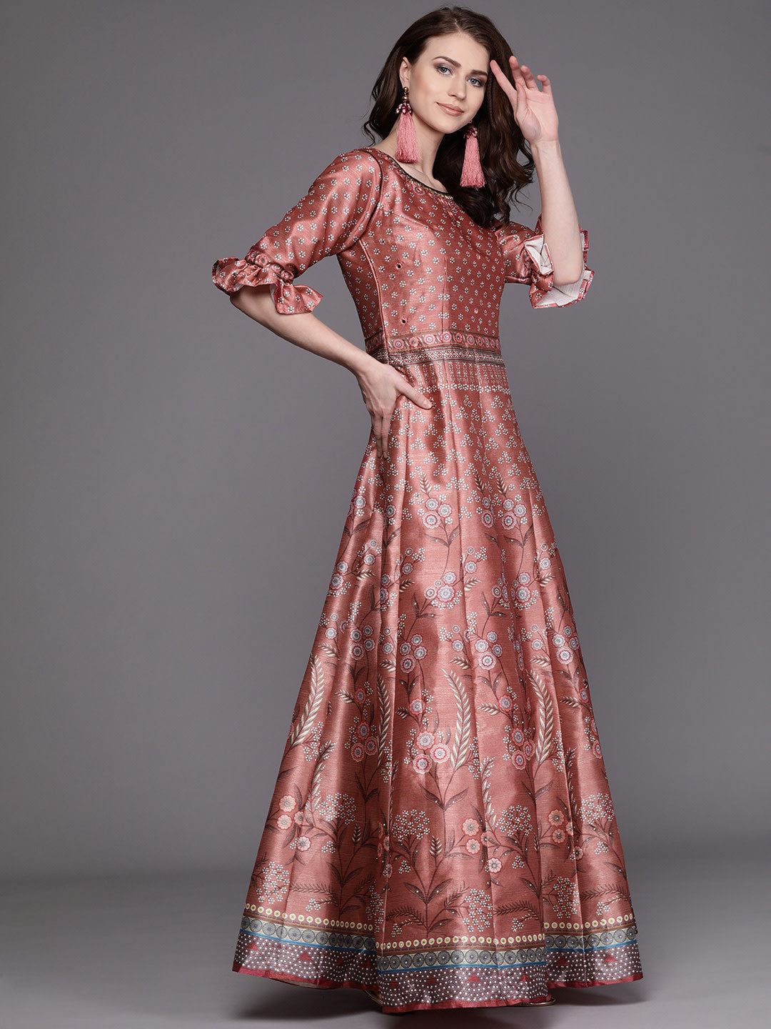 Anarkali Cocktail Gown with Bohemian Print in summer floral pattern