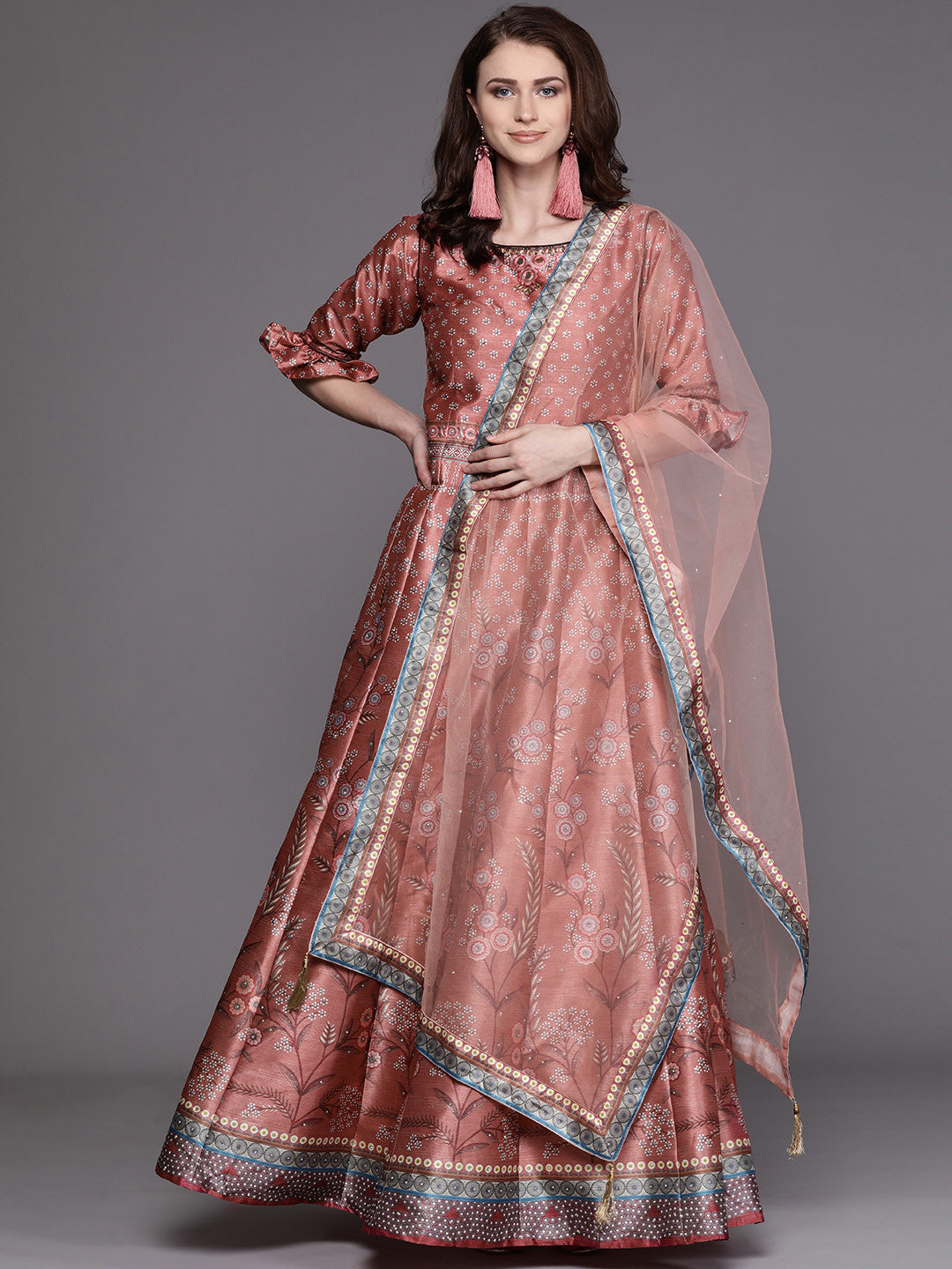 Anarkali Cocktail Gown with Bohemian Print in summer floral pattern