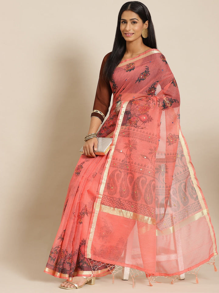 Pastel Peach Floral Figital Printed Kota Mirror Work Chanderi Saree