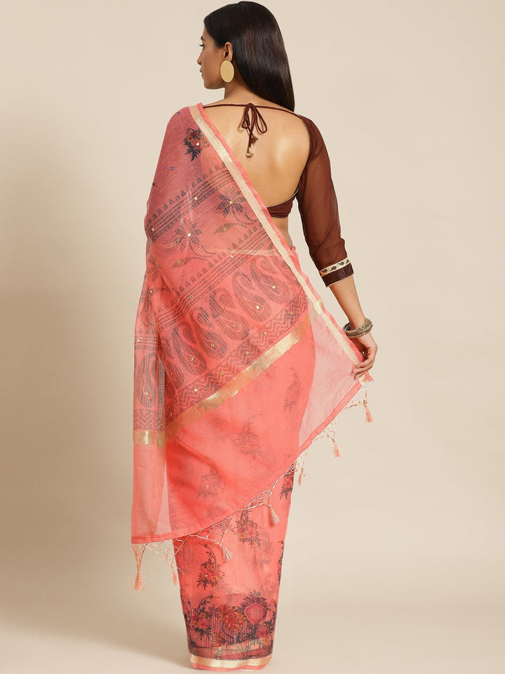 Pastel Peach Floral Figital Printed Kota Mirror Work Chanderi Saree