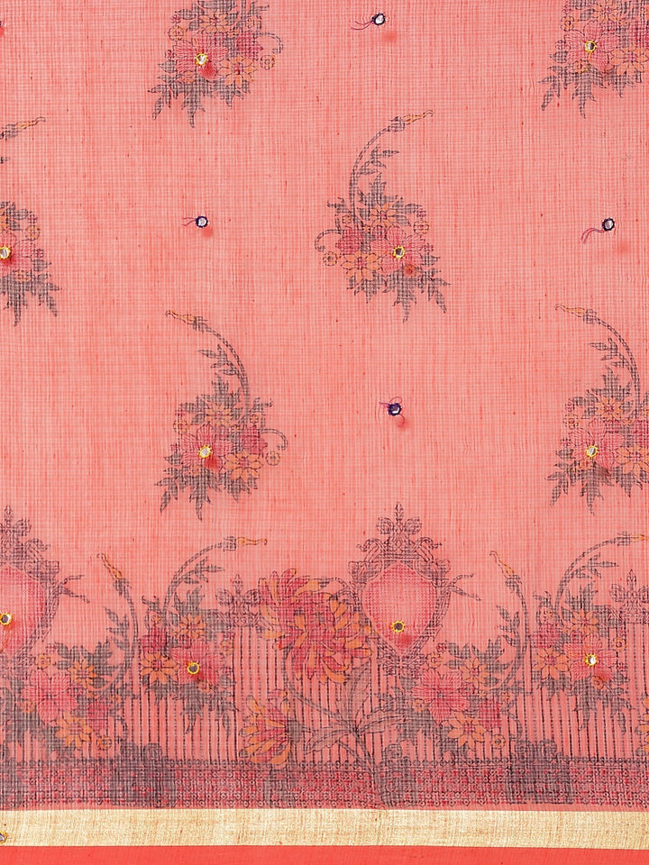 Pastel Peach Floral Figital Printed Kota Mirror Work Chanderi Saree