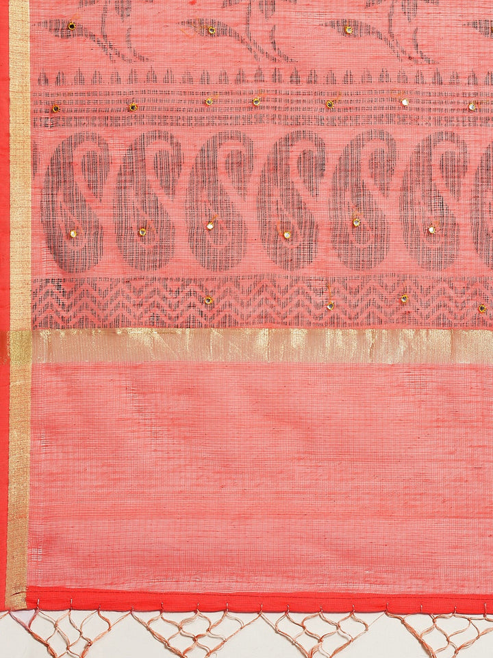 Pastel Peach Floral Figital Printed Kota Mirror Work Chanderi Saree