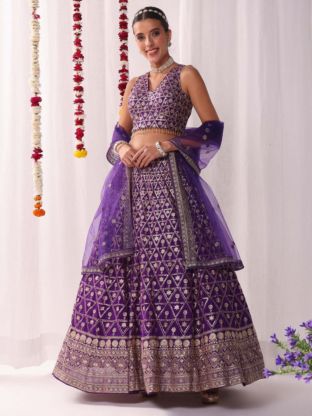 Sequinned Lehenga Set with Tassled Choli