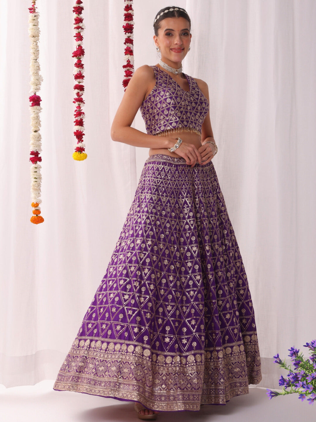 Sequinned Lehenga Set with Tassled Choli