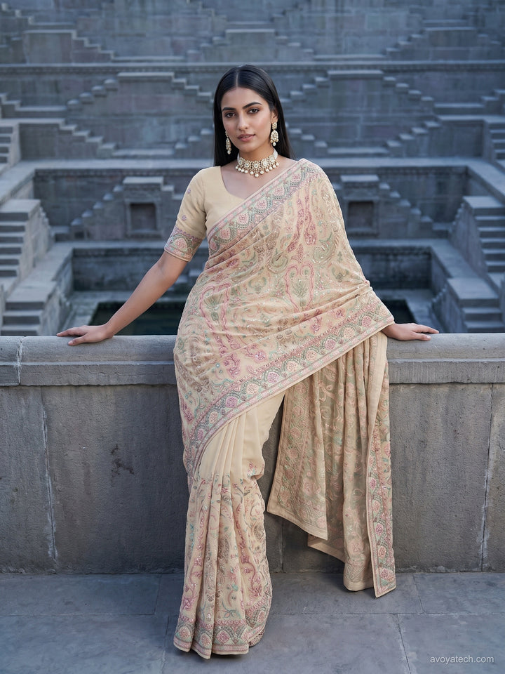 Georgette Saree with Paisley Zari & Stone Border and Blouse Piece