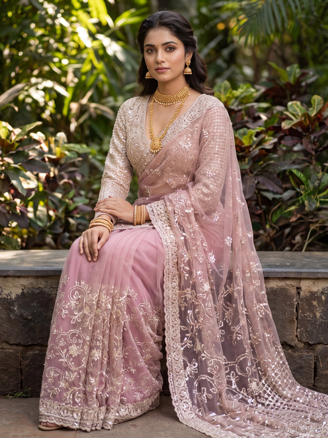 Sequin Embroidered Net Saree with Scalloped Border and Stitched Full Sleeves Blouse
