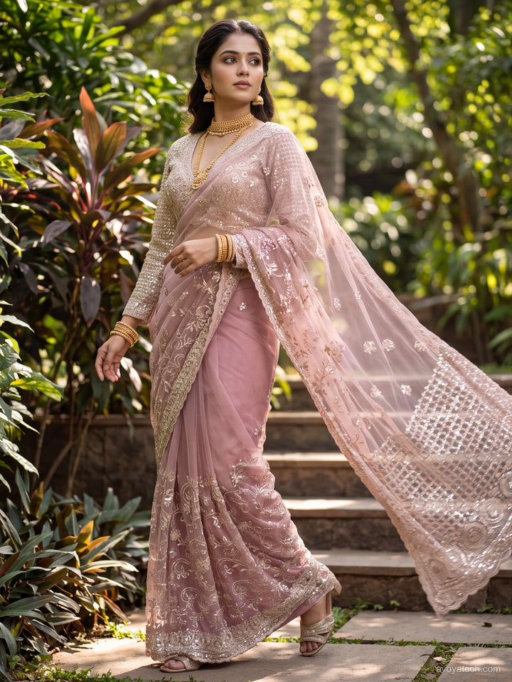 Sequin Embroidered Net Saree with Scalloped Border and Stitched Full Sleeves Blouse