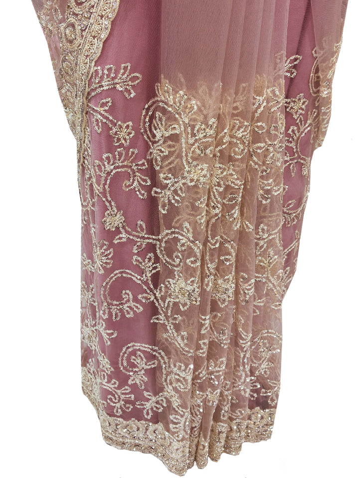 Sequin Embroidered Net Saree with Scalloped Border and Stitched Full Sleeves Blouse