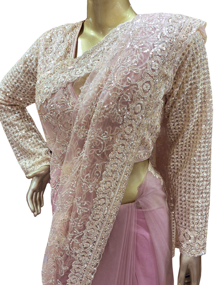 Sequin Embroidered Net Saree with Scalloped Border and Stitched Full Sleeves Blouse