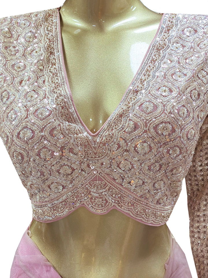 Sequin Embroidered Net Saree with Scalloped Border and Stitched Full Sleeves Blouse