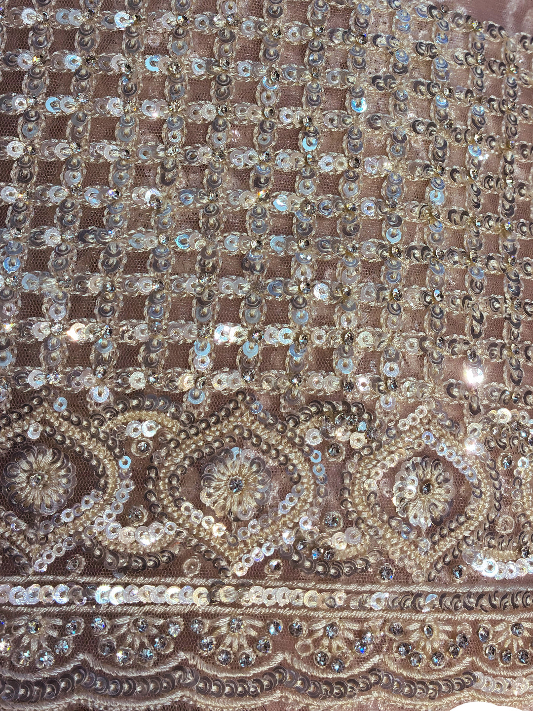 Sequin Embroidered Net Saree with Scalloped Border and Stitched Full Sleeves Blouse