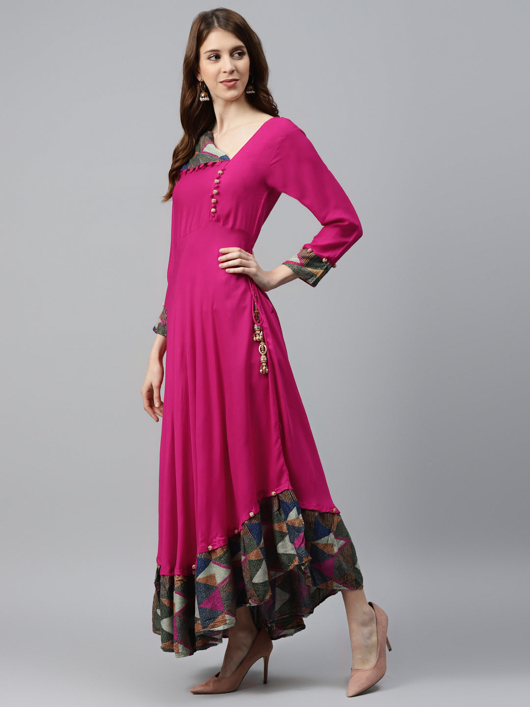 Made to Measure Asymmetrical Flared Dress with Cowl style neck and Ikat inspired print