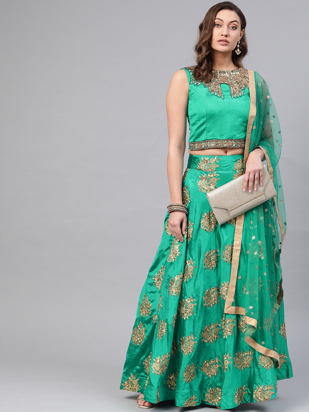 Sequin Crop Top Lehenga Choli with Embroidered Dupatta