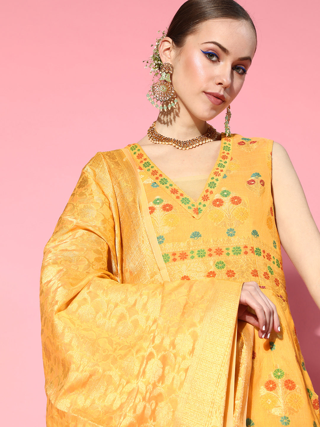 Yellow Front Slit Banarasi Kurta Palazzo Dupatta Set