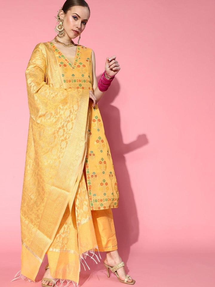 Yellow Front Slit Banarasi Kurta Palazzo Dupatta Set