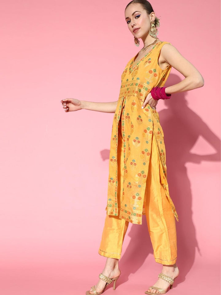 Yellow Front Slit Banarasi Kurta Palazzo Dupatta Set
