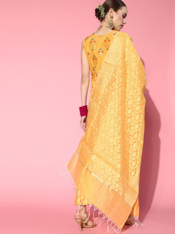 Yellow Front Slit Banarasi Kurta Palazzo Dupatta Set