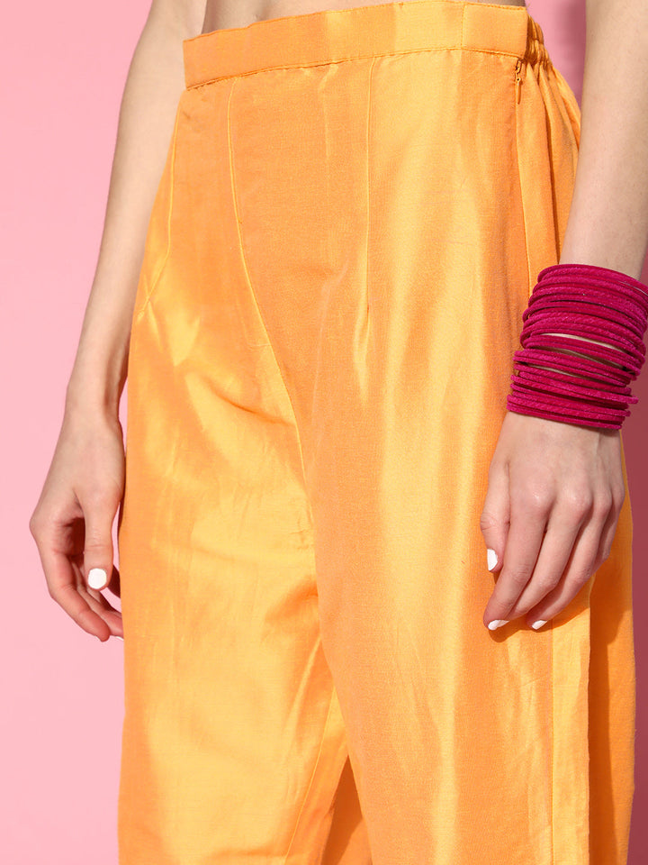 Yellow Front Slit Banarasi Kurta Palazzo Dupatta Set