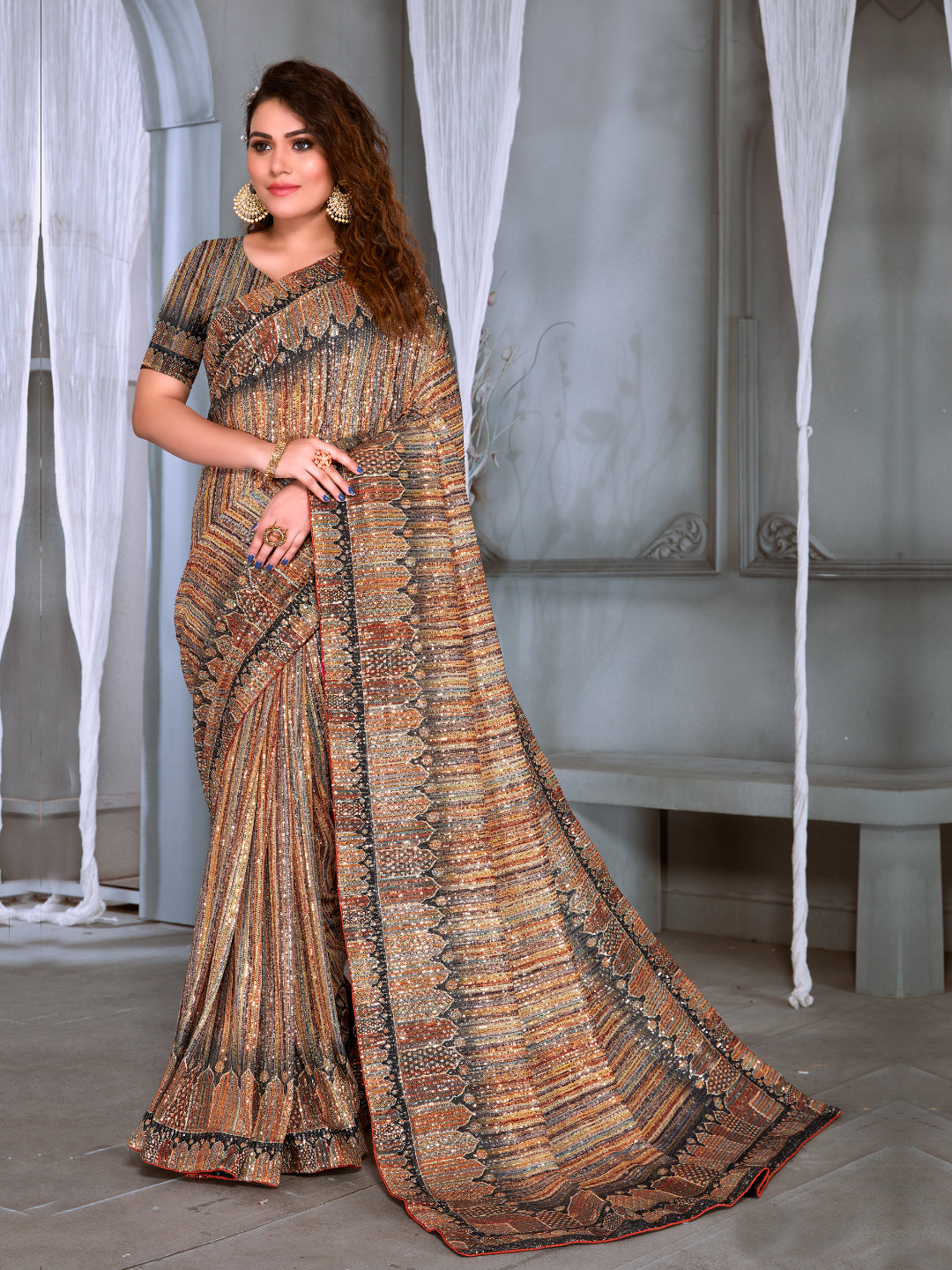 Allover Sequin Embellished Party Wear Saree with Striped Digital Print