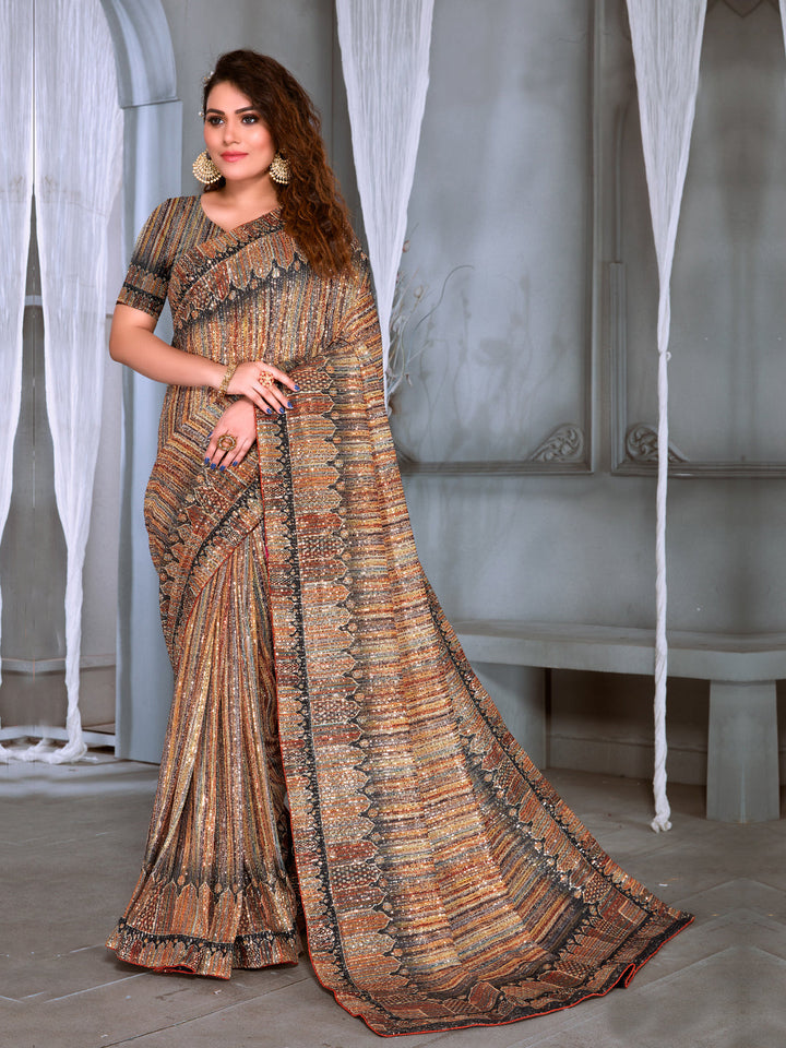 Allover Sequin Embellished Party Wear Saree with Striped Digital Print