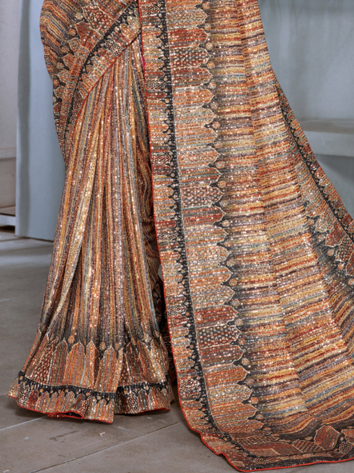 Allover Sequin Embellished Party Wear Saree with Striped Digital Print