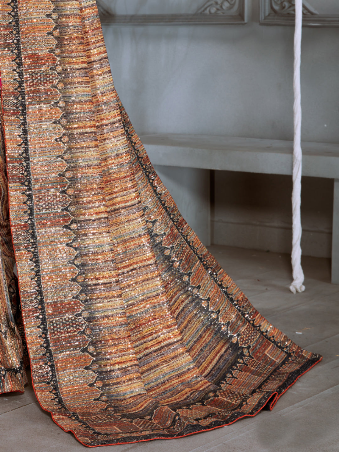 Allover Sequin Embellished Party Wear Saree with Striped Digital Print
