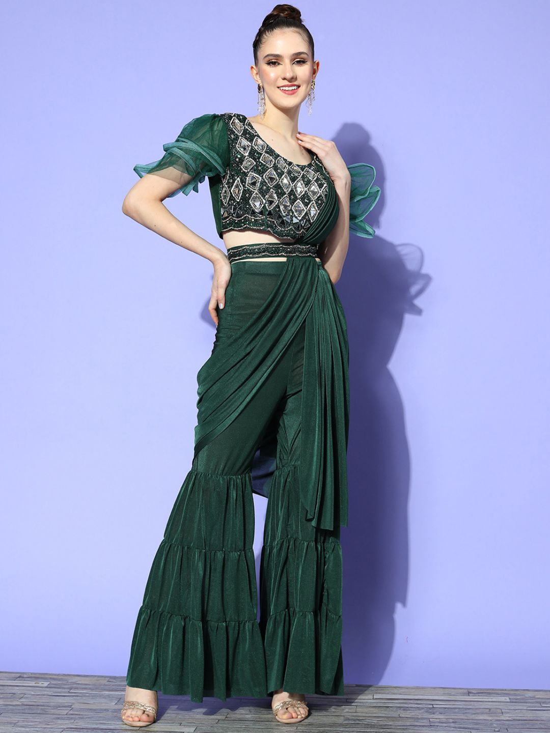 Pre-Stitched Palazzo Saree With Mirror Embellished Blouse