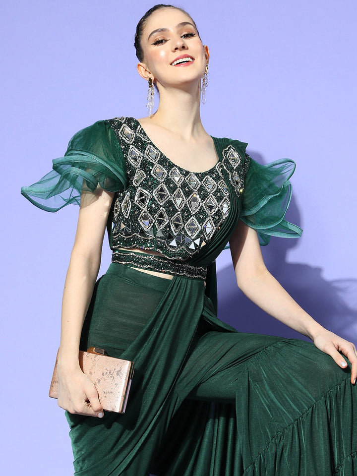 Pre-Stitched Palazzo Saree With Mirror Embellished Blouse