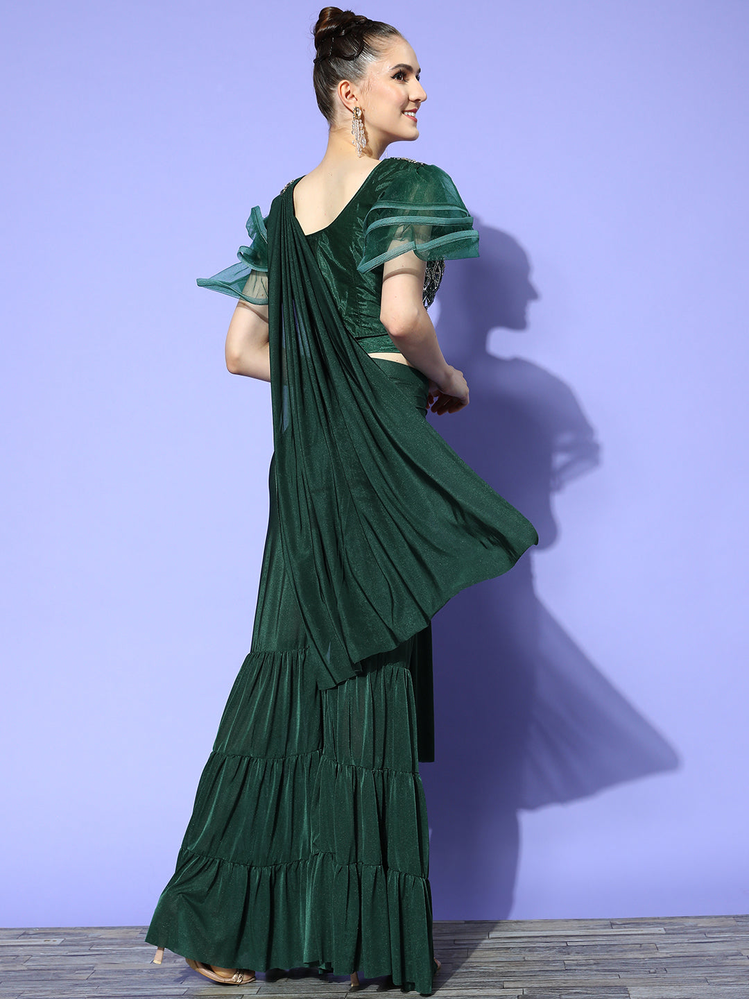 Pre-Stitched Palazzo Saree With Mirror Embellished Blouse